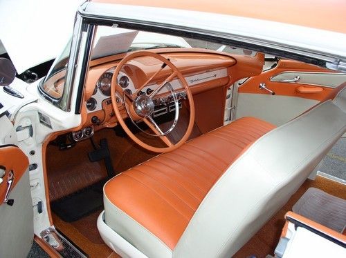 1956 ford, driver view, door open, front seat and steering wheel