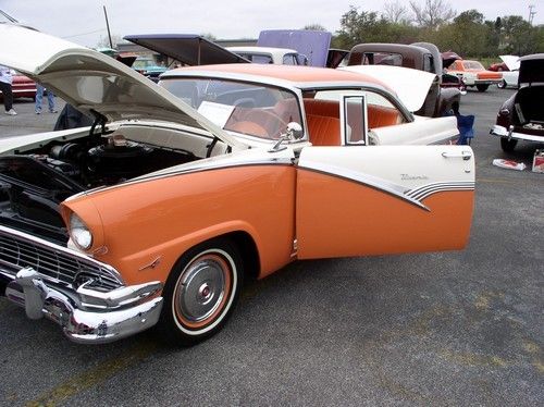 1956 ford, front driver side view, door open, hood open, trunk open