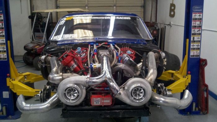 1969 Ford Mustang Mach 1 Twin Turbo Hemi uncovered view of turbos