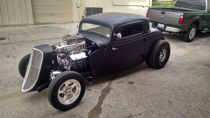 1934 Ford 3 window coupe engine with blower full car view