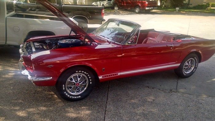 1966 Mustang Convertible driver side view hood up top down