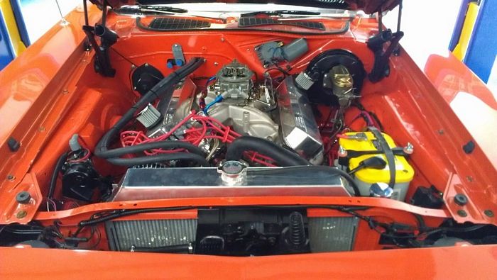 1970 Barracuda open hood engine view