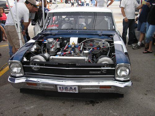 Outlaw 1966 Nova, front view of car. Twin turbo charged on alcohol.