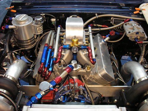 Outlaw 1966 Nova, top view of the motor. Small block Chevy.